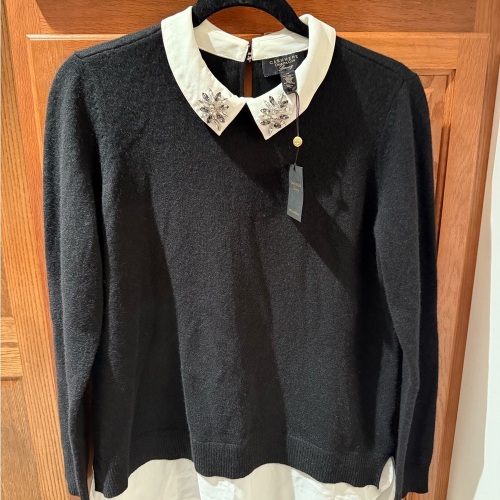 Charter Club Black Cashmere Sweater with Embellished White Collar